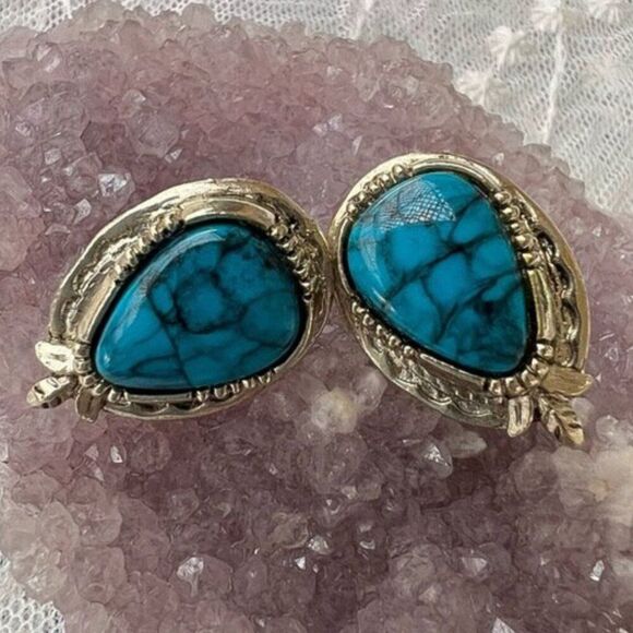 Vintage 60's 70's Signed Arthur Pepper ART Turquoise Teardrop Clip Earrings - Picture 9 of 11